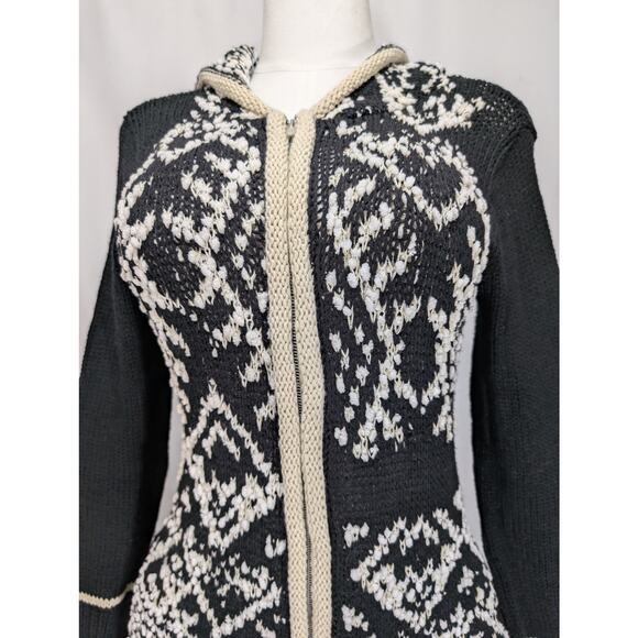 Venus Black White Hooded Knit Cardigan Sweater Coat Zip Front Size Small - Picture 4 of 10